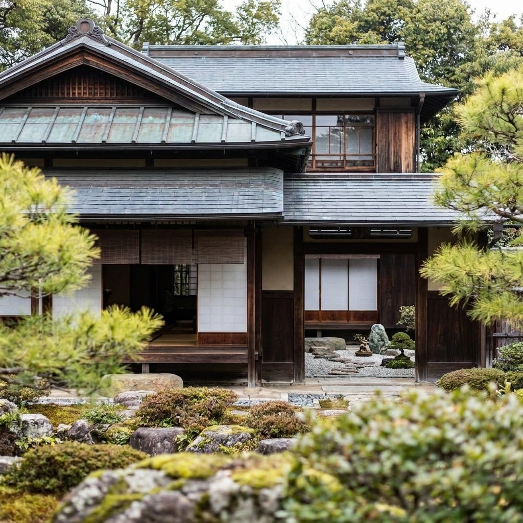 Machiya townhouse garden with moss, stepping stones, and cedar engawa in soft afternoon light